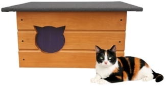 QLS Katzenhaus Isoliert aus Holz 60x40x40 cm, Outdoor Draußen Winterfest mit Vorhang, Teak