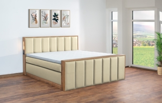 Meisterbetten Boxspringbett Sely mit Holzdekor Eiche Cognac 240x200 in LM-Creme, Matratzenbezug Nano, Midisoft-Topper, mit Fussteil