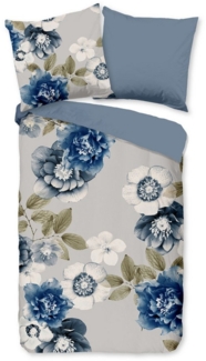 Traumschloss Bettwäsche Comfort Baumwolle, Flanell, 2 teilig, blaue Blumen auf grauen Hintergrund