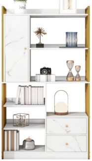 i@home Bücherregal Industrieregale, vertikale Regale mit Türen und Schubladen, Marmor-Optik, Goldrahmen – Dein neuer Lieblingsort für Bücher & Co