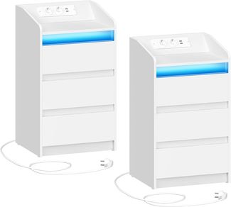 Nachttisch 2er Set mit 3 Schubladen, Beistelltisch mit Ladestation und LED, 2 AC-Steckdosenund 2 USB-Anschlüsse für Schlafzimmer, Wohnzimmer, Weiß