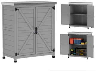 Outsunny Geräteschrank Outdoor, wetterfest, mit Arbeitsplatte, Doppeltür, Einlegeboden (Geräteschuppen, 1-St, Gartenschrank Holz) für Garten, Terrrasse, Grau