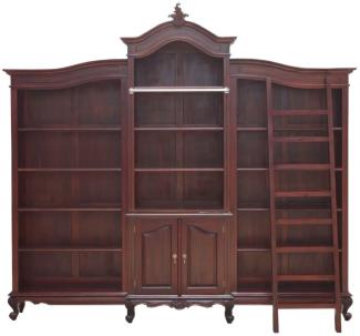 Casa Padrino Luxus Barock Mahagoni Bücherschrank Dunkelbraun 280 x 47 x H. 245 cm - Prunkvoller Barockstil Schrank mit Leiter - Barock Büro Möbel - Edel & Prunkvoll