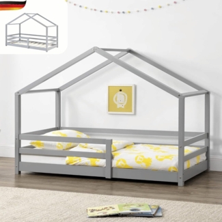 DELUKE® Kinderbett 90x200 cm TRUDA - mit Lattenrost und Fallschutz Kiefernholz Haus-Design Einzelbett Hausbett Kinderzimmer Bodenbett Montessori Bett Grau