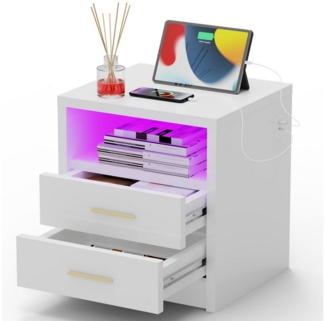 oyajia Nachttisch Nachtschrank mit 2/3 Schubladen, Beistelltisch mit Ladestation und LED (1-st RGB Nachttisch mit Schubladen und Ladestation), Nachttisch mit Schubladen, Einstellbare Farben, Type-C, USB-Anschlüsse
