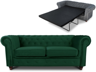 Schlafsofa Chesterfield Asti Bis 2-Sitzer, Sofa mit Schlaffunktion, Couch 2-er, Couchgarnitur, Sofagarnitur, Holzfüße - Glamour Design, Velours (Dunkelgrün (Velvet 78))