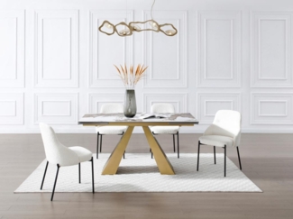 Vente-unique - Esstisch ausziehbar - 6 bis 10 Personen - Sicherheitsglas, Keramik & goldfarbenes Metall - Marmor-Optik Schwarz & Taupe - LOZIPA von Maison Céphy