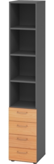 bümö smart Schubladenschrank, Büroschrank in Graphit/Buche mit 4 Schüben & 4 Regalfächern - Bürocontainer aus Holz, Container mit Metallgriffen & Soft-Stop Schubladen, 964S4-G-6-BS