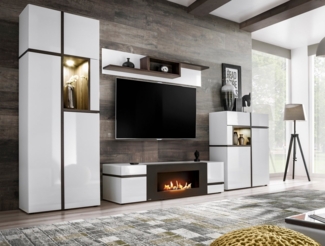 ASM-Moebel Wohnwand Wohnwand CROSS CS-K Hochglanz / Lamellen Ethanol Kamin Led Push-Click, Mit Bio-Ethanol Kamin, Led Beleuchtung und Push-Click System.