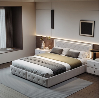 Furnishings Home Polsterbett Stauraumbett Doppelbett Jugendbett (Verstellbare Kopfteilhöhe), Mit LED-Beleuchtung,vier Schubladen auf Rollen, Kunstleder, 160x200 cm