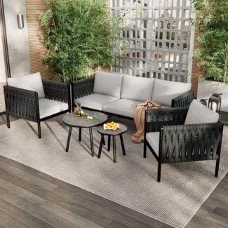 Gartenlounge-Set, Dickes Seilgeflecht, 4 -tlg. 3-Sitzer-Sofa + 2 Couchtische + Fußhocker, marmorierte Glasplatte, verzinkter Stahl