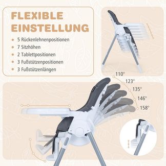 COSTWAY Hochstuhl (1 St), Kinderhochstuhl, klappbar, mit Liegefunktion, höhenverstellbar