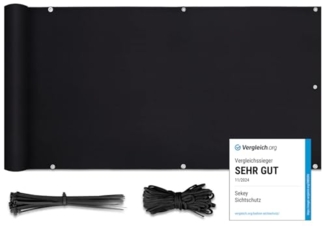 Sekey Balkon Sichtschutz PES Blickdichte Wetterfest Windschutz für den Gartenzaun oder Balkon, Schutz vor neugierigen Blicken, mit Ösen, Nylon Kabelbinder und Kordel, 0. 9×6m Schwarz