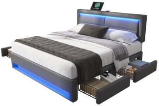 Flieks Polsterbett, LED Doppelbett 160x200cm mit USB-Anschluss und 4 Schubladen