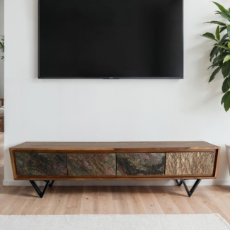 FineBuy Lowboard Sheesham Massivholz 160 cm, TV Board mit Front in Steinoptik & schwarzem Metallgestell, Fernsehschrank Industrial Design, TV Möbel Wohnzimmer Holz Metall