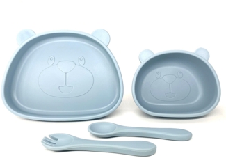 4-teiliges Besteckset, Babybesteckset - mit rutschfestem Saugnapf + Baby-Saugnapfschüssel, Löffel, Gabel, Besteckset, geeignet für 1-jährige Babys, Silikonbesteck.