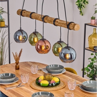 hofstein Pendelleuchte Hängelampe aus Metall/Holz/Glas in Schwarz/Natur/Blau/Grün/Kupfer, Hängeleuchte im Retro/Boho-Design mit Glasschirmen und Holzbalken, E27