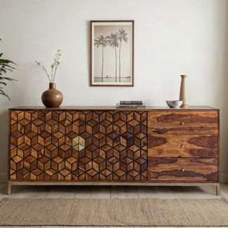 FineBuy Sideboard Sheesham Massivholz 180 cm, Anrichte mit 2 Türen & 3 Schubladen, Modernes Design mit geometrischem Muster, Kommode Wohnzimmer Esszimmer, Goldfarbenes Metallgestell