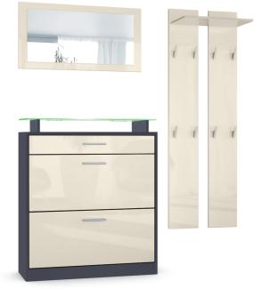 Vladon Garderoben-Set Loret Mini, Schuhschrank 89 x 104 x 23 cm für bis zu 16 Paar Schuhe inkl. Spiegel, 2 Wandpaneele und farbiger LED-Beleuchtung, Anthrazit matt & Creme Hochglanz