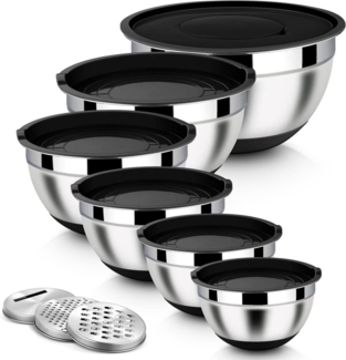 Homikit Rührschüssel Set Edelstahl Schwarz Salatschüssel 6-tlg Reibeaufsätzen