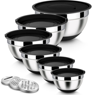 Homikit Rührschüssel Set Edelstahl Schwarz Salatschüssel 6-tlg Reibeaufsätzen