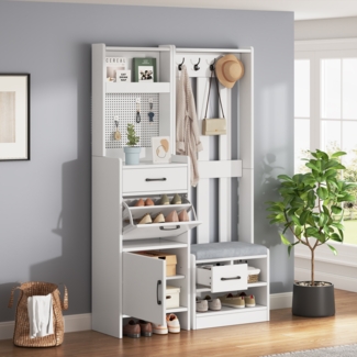 Merax 175.5 cm Garderobenständer Kleiderständer, Garderobenständer, Bücherregal, 7-in-1 Garderobenständer mit Schuhbank, Garderobe mit 7 Haken, Weiß