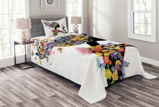 Abakuhaus Tagesdecke Set mit Kissenbezügen Waschbar, Bunt Blumen mit Schmetterling