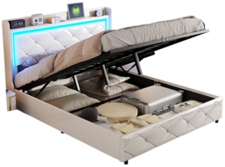FUROKOY Stauraumbett Polsterbett mit LED Beleuchtung Kopfteil (Set, 1-tlg, Bettgestell mit Lattenrost, Ohne Matratze), Hydraulikbett Funktionsbett Jugendbett, Kunstleder, Weiß, 160x200 cm