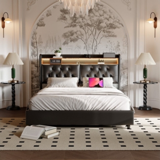 PXloue Stauraumbett LED Doppelbett, 140x200 mit bettkasten, USB-Laden und Stauraum am Kopfteil