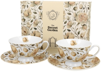 DUO FLORAL 2er-Set königliche Tassen 250 ml ENGLISH ROSES WHITE mit Untertassen, New Bone China Porzellan
