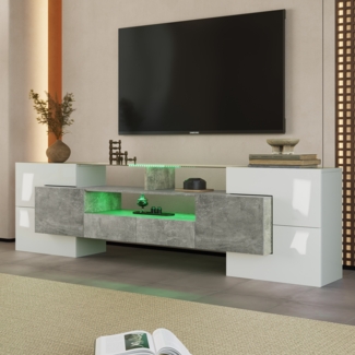 TV-Schrank Hochglanz Weiß Betonoptik mit LED Beleuchtung Lowboard Fernsehtisch Wohnzimmer Sideboard modern Design