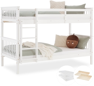 Kinderbett 90x200 mit Matratze Etagenbett Holzbett Weiß Jugendbett Doppelstockbett Rausfallschutz Stockbett Umbaubar