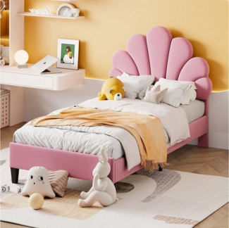 REDOM Einzelbett 90 x 200 cm Kinderbett Gästebett Polsterbett (mit Kopfteil in Blumenform und Lattenrost, hautfreundlichem Samtstoff), Ohne Matratze