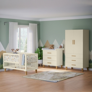 Bellabino 'Liri' 3-tlg. Babyzimmer Set aus Babybett 70x140 cm, Wickelkommode und Kinderkleiderschrank, beige, 3-fach höhenverstellbares Kinderbett, Wickeltisch mit abnehmbarem Wickelaufsatz, Kleiderschrank für Kinderzimmer mit 3 Schubladen