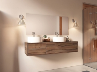 Vente-unique - Waschbeckenunterschrank hängend Natur Dunkel - Doppelwaschbecken rund - 150 cm - ISAURE II