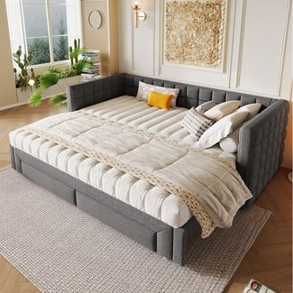 STILVORA Schlafsofa Polsterbett 90/180×200cm ausziehbares Daybett mit Schubladen, Luxuriöses Samt-Tagbett 90x200 cm mit quadratischer Rückenlehne, ausziehbar auf 180 cm, 2 Schubladen für Stauraum, ohne Matratze