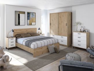 Schlafzimmer-Set >ENZO< (5-teilig) in Nodi Eiche Dekor / Artik Weiß, Bett, Nachtkonsole, Kommode