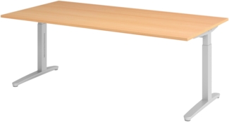 bümö manuell höhenverstellbarer Schreibtisch 200x100 in Buche, Gestell in silber - PC Tisch höhenverstellbar & groß, höhenverstellbarer Tisch Büro, großer Computertisch verstellbar, X2E-6-SS