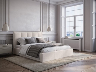 Vente-unique - Bett mit Bettkasten & Kopfteil mit vertikalen Ziernähten + Matratze - 160 x 200 cm - Stoff - Beige - KILACLO