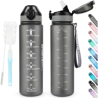 Sport Trinkflasche 1L BPA-frei mit Stroh Mattgrau Zeitmarkierungen