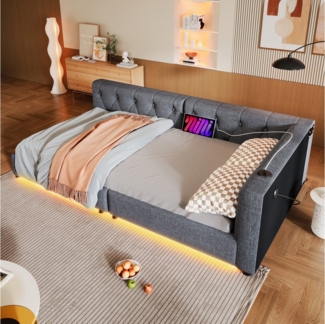 Ulife Schlafsofa Daybett, Tagesbett, Polsterbett, Jugendbett mit LED-Beleuchtung, Kopfteil mit Knopftuft, Usb+Typ-c, 90x200cm
