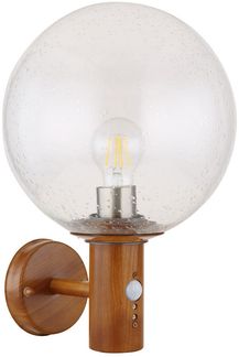 Wandleuchte, Glaskugel, Holzoptik, Bewegungsmelder, H 37 cm