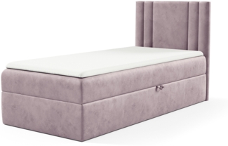 MEBLINI Kinderbett mit Bettkasten CARDI 90x200 Rechts – H3/Lila Samt Gepolstert Einzelbett mit Matratze - Polsterbett mit Stauraum - Bett mit Kopfteil – Stauraumbett