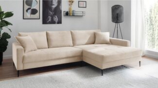 Massivart® Ecksofa SUMMER Cord creme / 276 cm, Cordsofa / Nosagunterfederung / schwarze Metallbeine