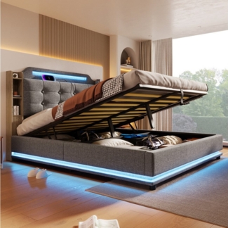 TavilaEcon Boxspringbett aus Leinenstoff und MDF-Umweltplatten, mit LED-Lichtleiste, mehrere Ablagefächer, ohne Matratze, 140×200cm