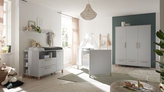 Babyzimmer Olivia 8 teiliges Kinderzimmer Komplett Set in Kreidegrau matt Lack und Eiche inklusive Matratze