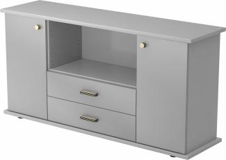 bümö Sideboard Grau/Silber mit Flügeltüren & Regal - Büromöbel Sideboard mit Schubladen Holz 166cm breit, 45cm schmal, Büro Schrank für Flur oder als Wohnzimmer-Kommode mit Streifengriff, SBTS-5-S-SG