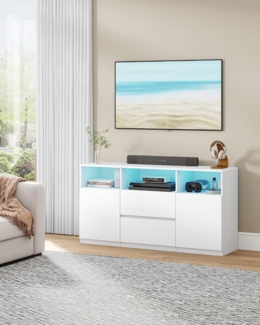 TV-Schrank mit RGB LED-Beleuchtung(25 Farben), Fernsehschrank für Fernseher bis 65 Zoll, Lowboard mit 2 Schubladen 3 offenen Fächern, für Wohnzimmer Schlafzimmer, Weiß