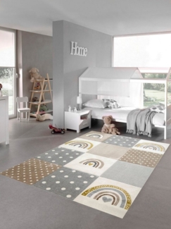 TeppichHome24 Kinderteppich Kinderteppich Regenbogen Karo beige grau creme, rechteckig, Höhe: 13 mm