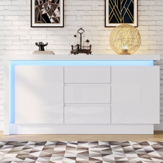 MODFU Sideboard mit LED-Ambiente – Mobile App Steuerung (Kommode, Wohnzimmermöbel, 1 St, Pflegeleichte Hochglanzoberfläche & langlebige Struktur), mit 2 Schränken & 3 Schubladen